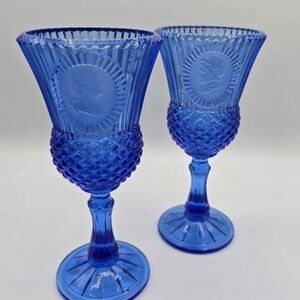 Vintage Avon George And Martha Washington Goblets Set Cobalt Blue 8"